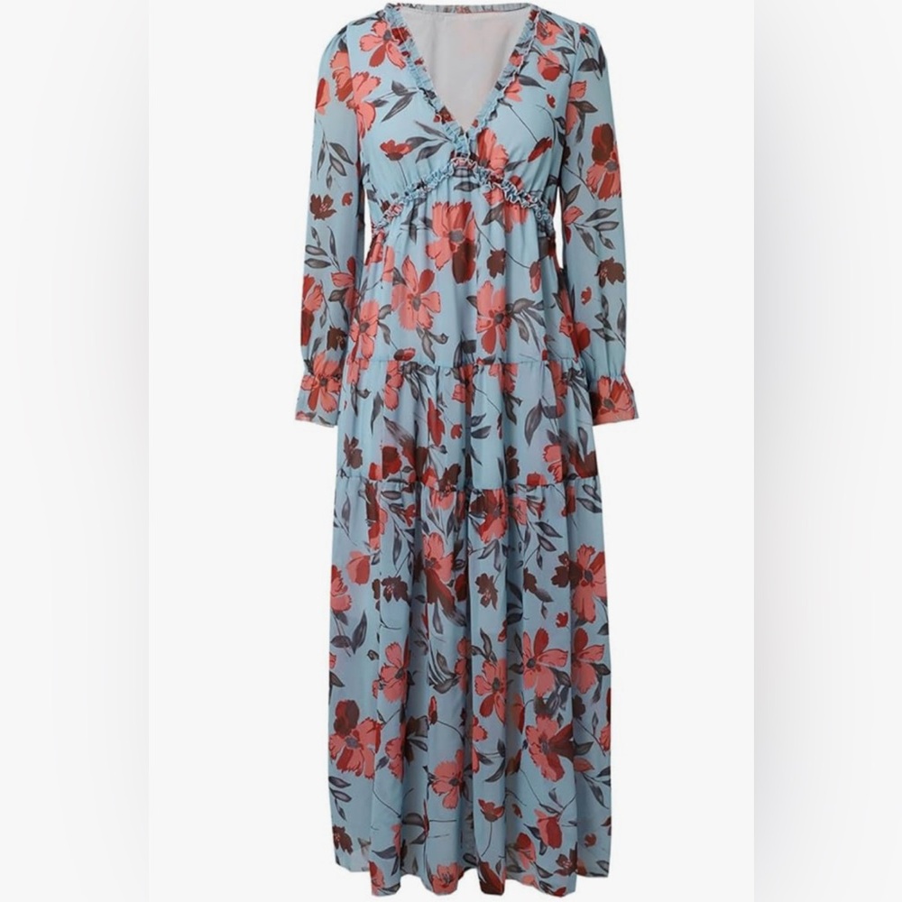 Floral Long Sleeve Maxi Dress - Blue and Red Fabric type 100% Chiffon
